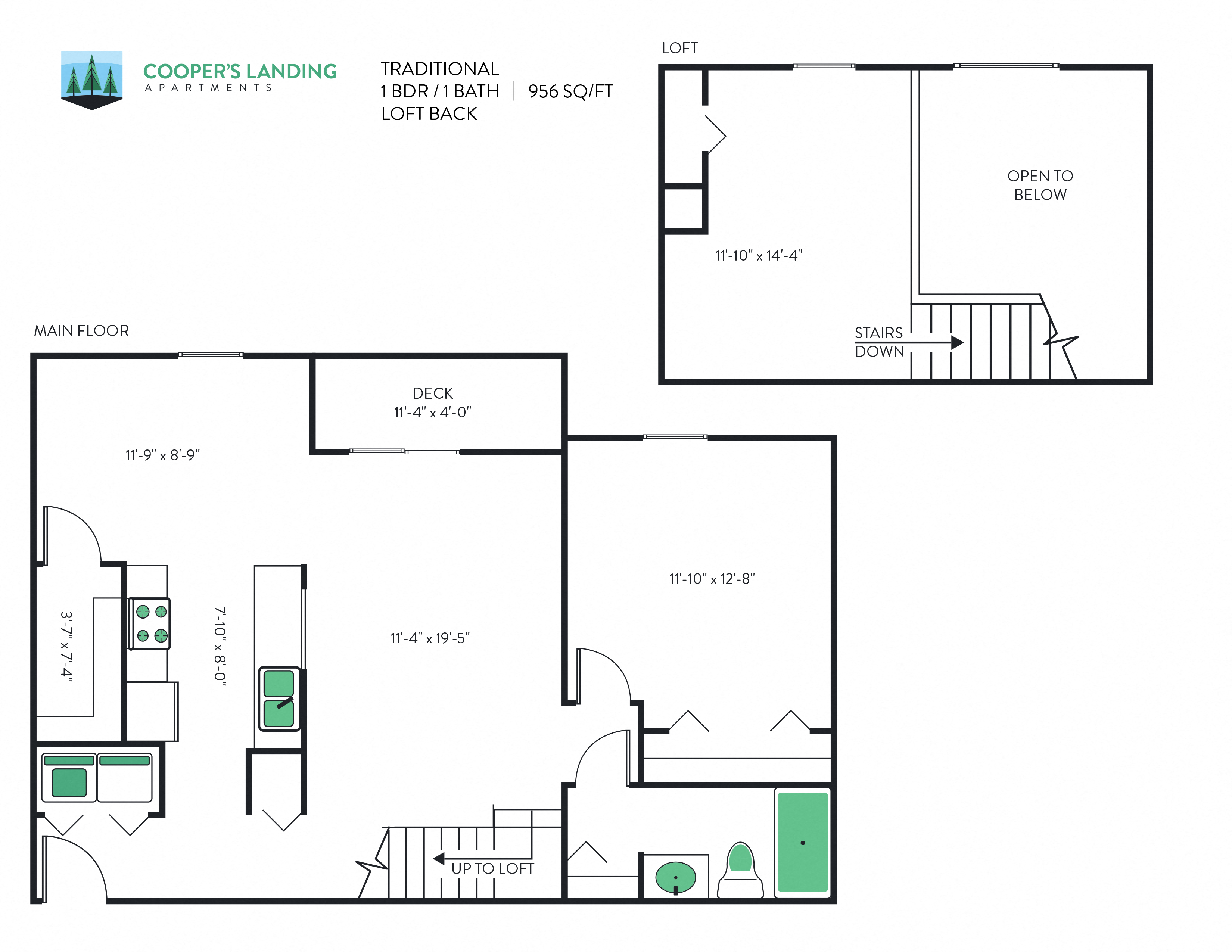 Floor plan for 1 bed, 1 bath, 956 sqft